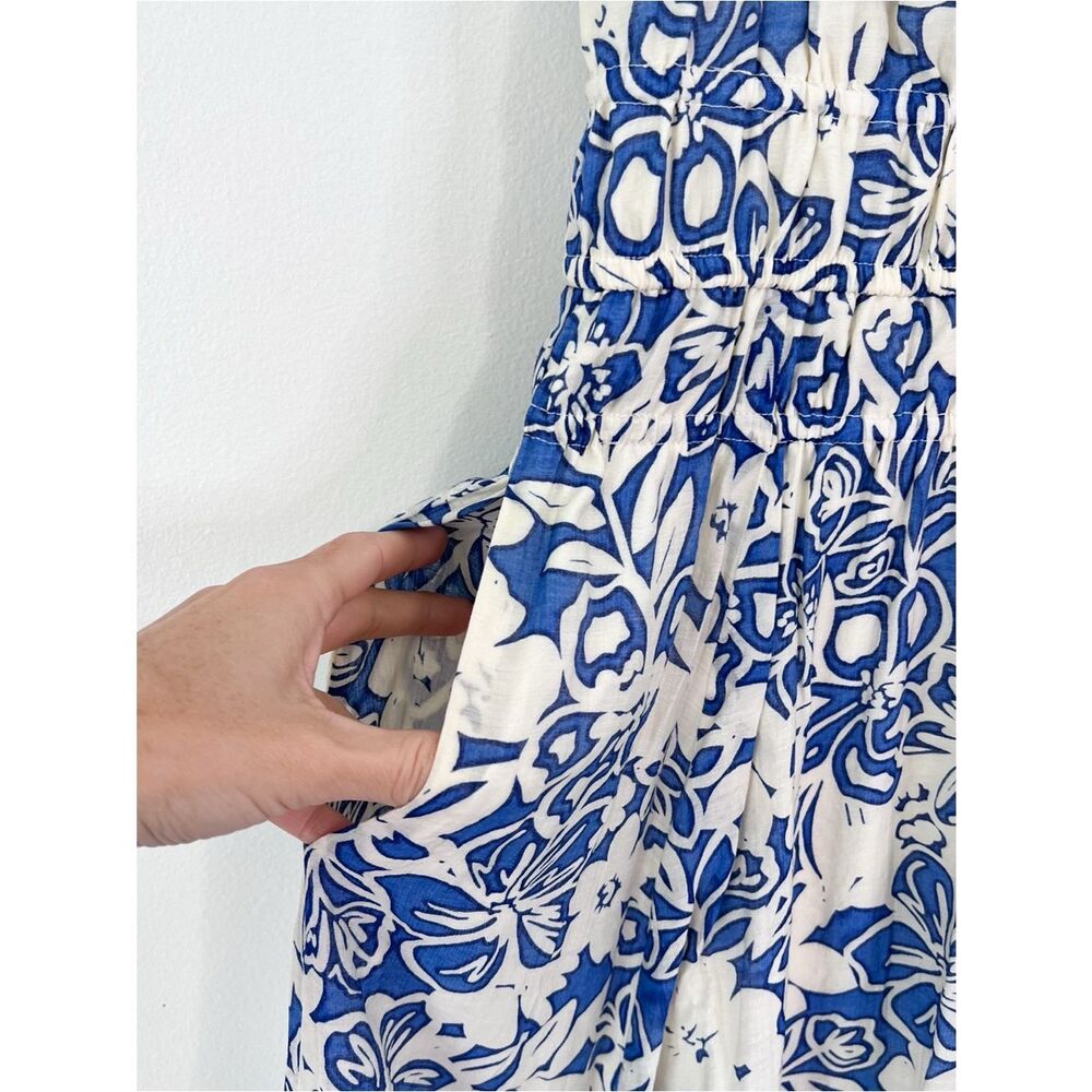Current Air Blue White Floral Balloon Hem Midi Dress Smocked Waist Pockets Sz M - Picture 8 of 12